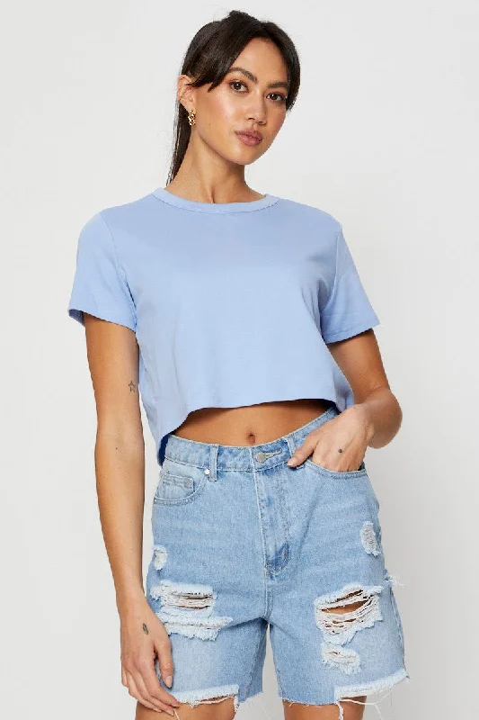 Blue T Shirt Short Sleeve Crop Crew Neck Cotton