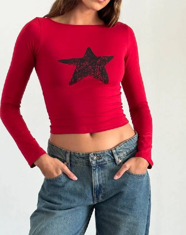 Amabon Long Sleeve Top in Adrenaline Red with Black Star