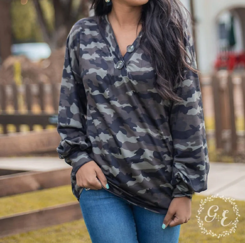 Since You Been Gone Pullover With Balloon Longsleeves And Buttons Top In Camouflage