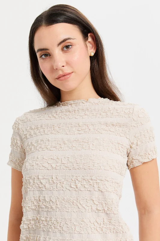 Women Beige Textured T-Shirt