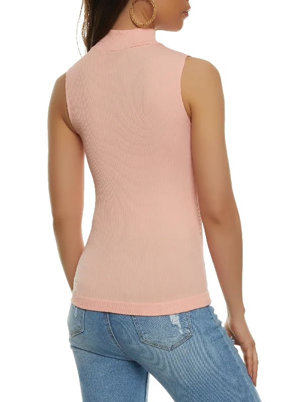 Mock Neck Seamless Ribbed Knit Tank Top