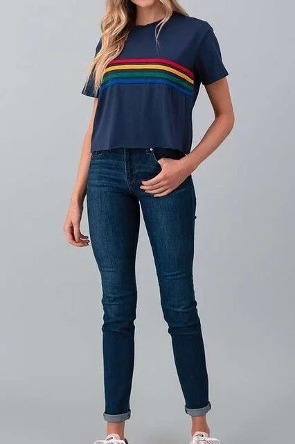 Solid, short sleeve cropped top w/ multi color line accent.