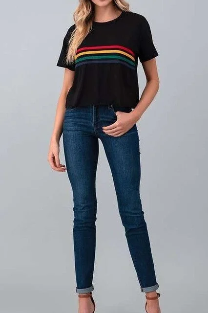 Solid, short sleeve cropped top w/ multi color line accent.