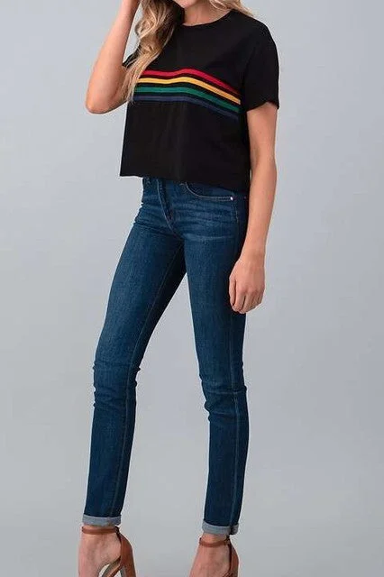 Solid, short sleeve cropped top w/ multi color line accent.