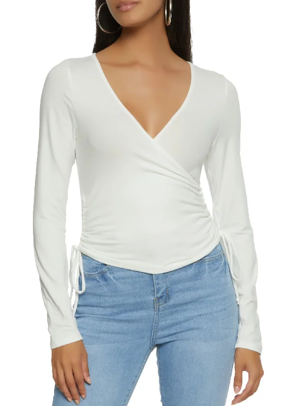 Solid Ruched Long Sleeve Wrap Top