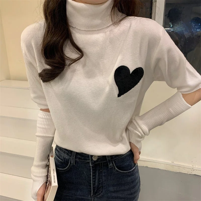 Women's Cute Turtleneck Heart Knitted Top with Oversleeve