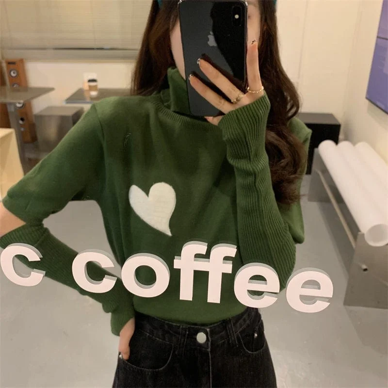 Women's Cute Turtleneck Heart Knitted Top with Oversleeve