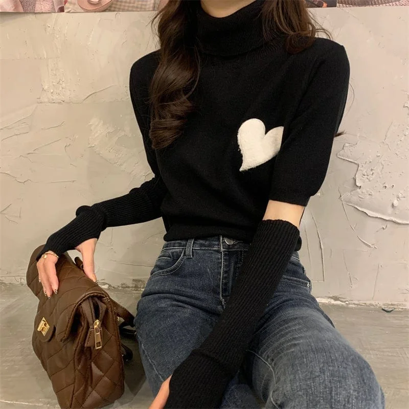 Women's Cute Turtleneck Heart Knitted Top with Oversleeve