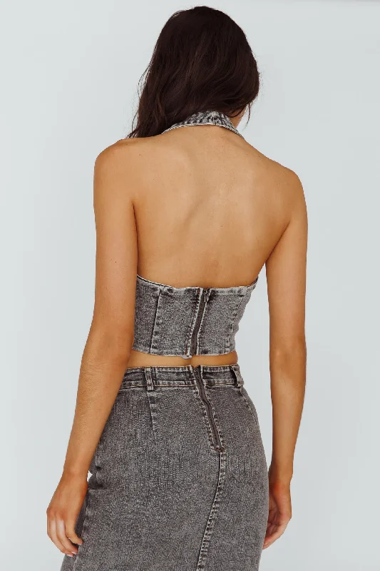 Zurich Halter Crop Top Denim Grey