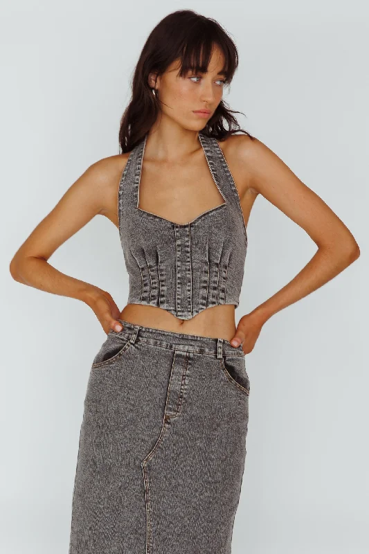 Zurich Halter Crop Top Denim Grey