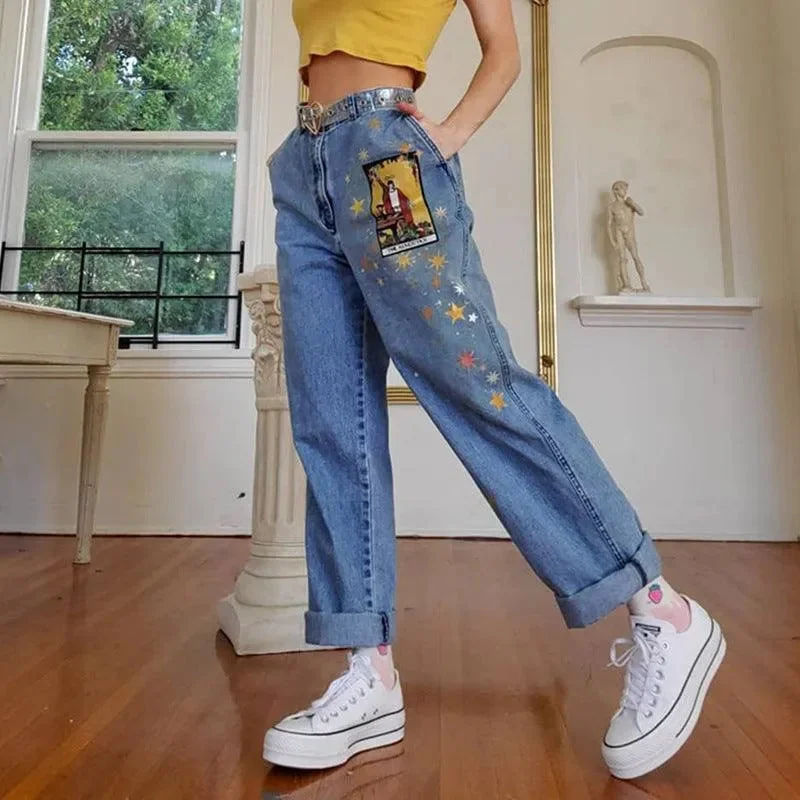 European And American Street Temperament Straight Loose Printed Denim Trousers Women