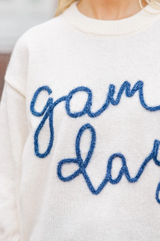 It's Game Day Ivory/Navy Puff Sleeve Sweater