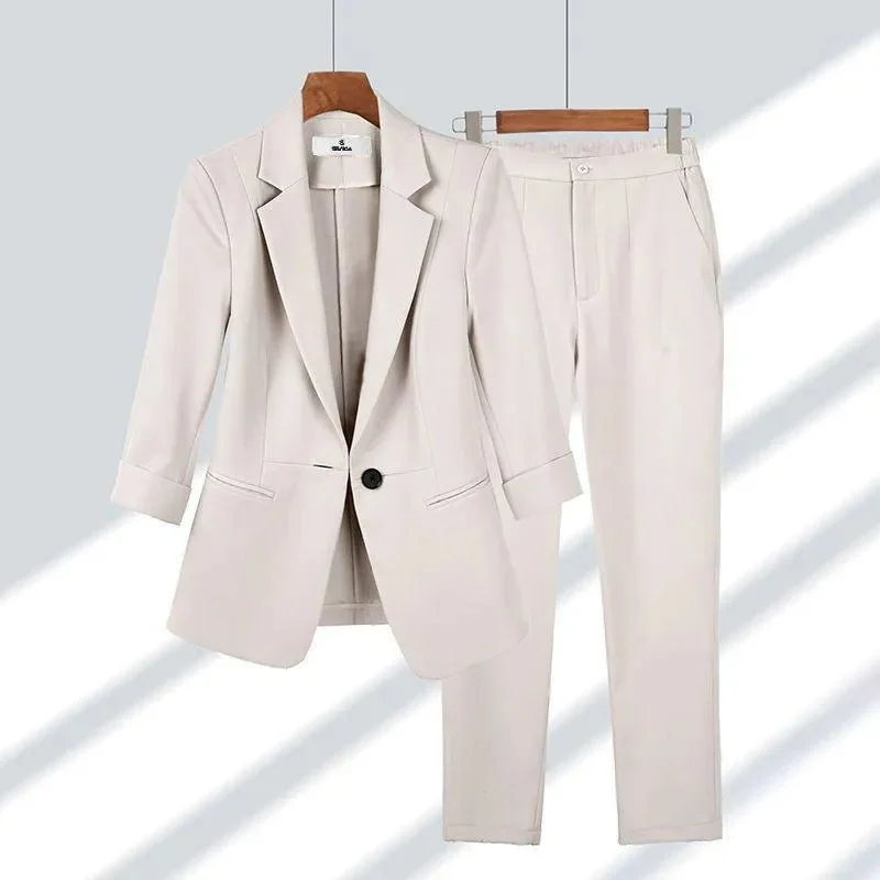 Beige Suit Outfit Top Pants / L